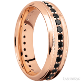 7 mm wide/High Bevel Milgrain/14K Rose Gold band with an Eternity arrangement of 03 carat Round Black Diamond stones in a Bead Channel setting